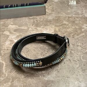 Stella and Dot genuine leather wrap, bracelet with blue and gold glass stones